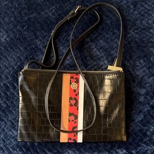 Anne Klein Black Croc-Embossed Crossbody Bag with Red and Orange Stripe